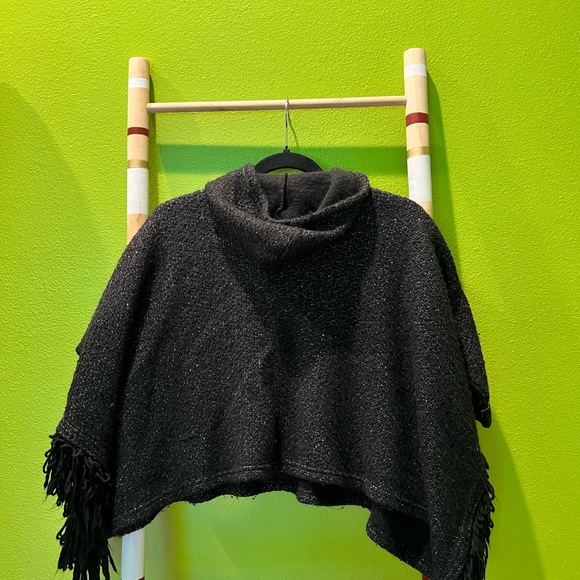Black Shimmery Poncho With Hood. - Picture 2 of 2